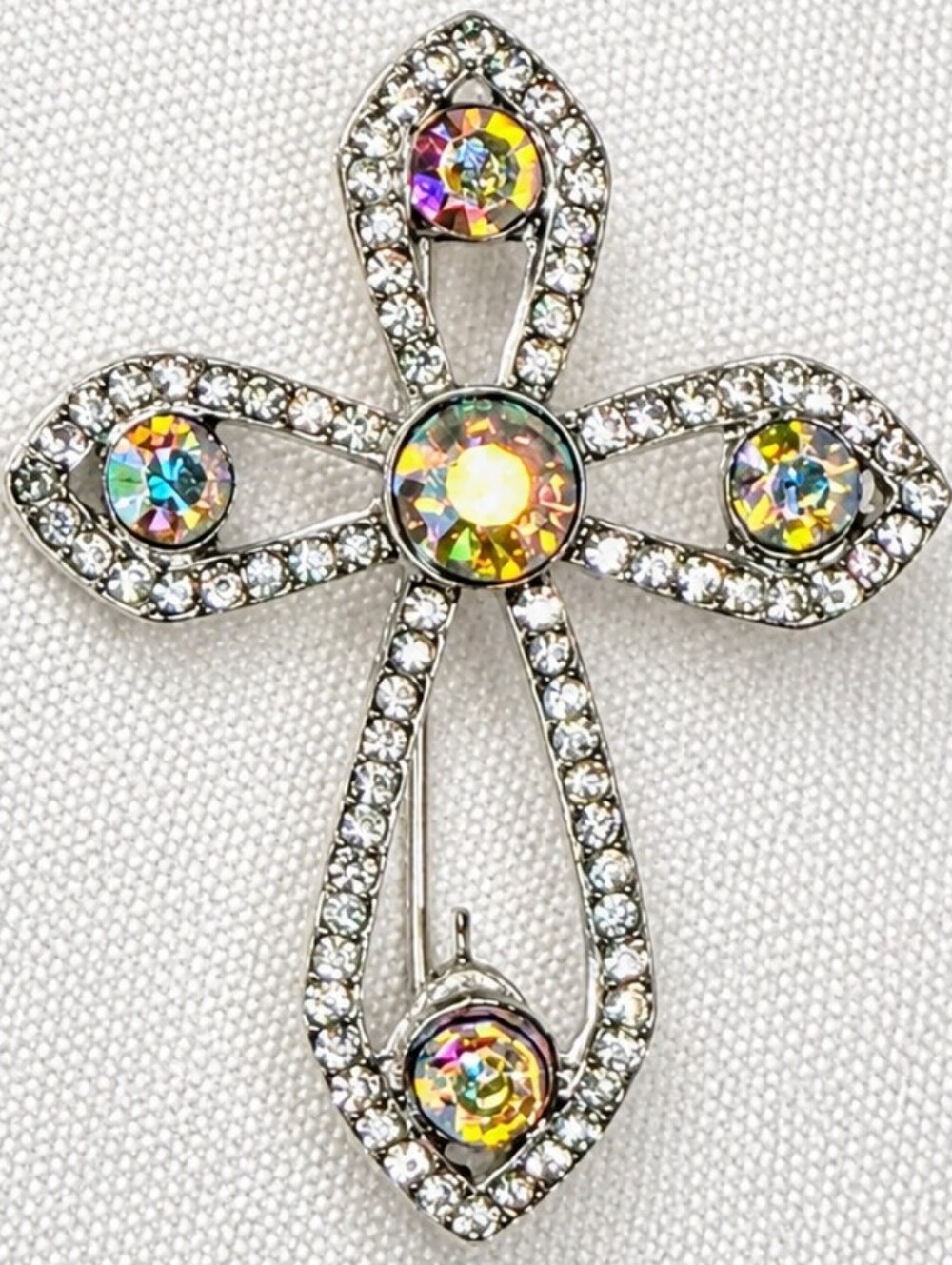 Aurora Borealis Rhinestone Cross Brooch Pin Silver Tone Religious Vintage